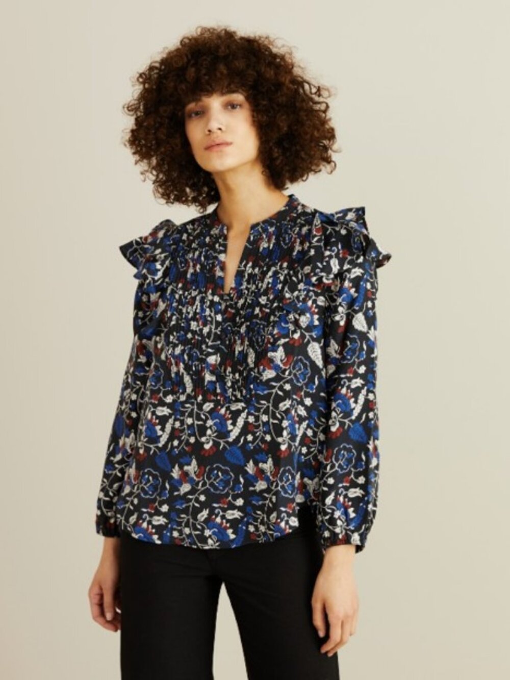 Apiece Apart Jaya Silk Blouse Black Floral Ruffle Popover 4